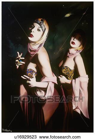 Drawing - Two women dressed up posing. Fotosearch
