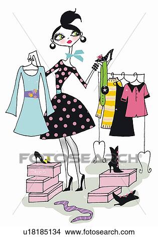 Woman choosing clothes and shoes View Large Illustration Stock Illustration - Woman choosing clothes and shoes. Fotosearch