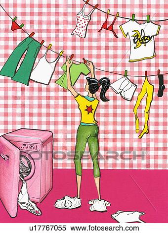 Stock Illustration - Woman hanging laundry. Fotosearch