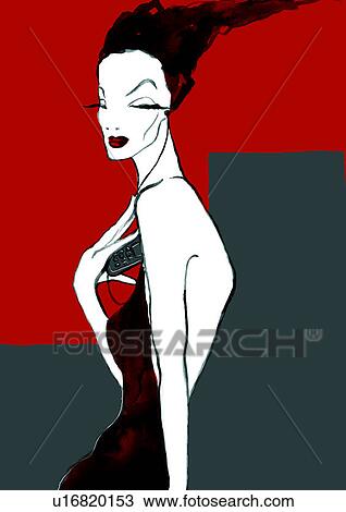 Woman holding mobile phone View Large Illustration Drawing - Woman holding mobile phone. Fotosearch