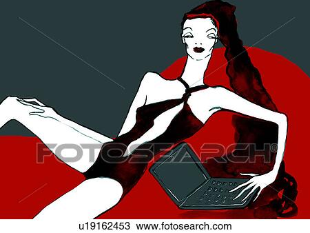 Drawing - Woman in bathing suit with laptop. Fotosearch