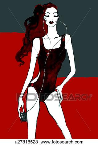 Stock Illustration - Woman in bathing suit with mp3 player. Fotosearch