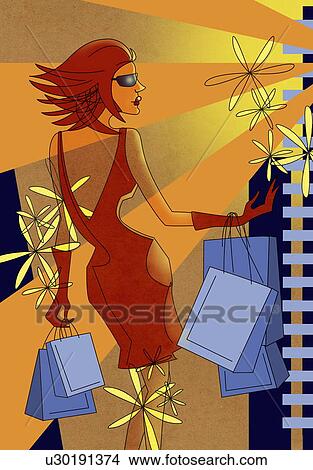Stock Illustration - Woman in dress with shopping bags. Fotosearch