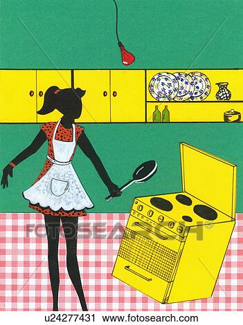 Clip Art - Woman in kitchen cooking. Fotosearch