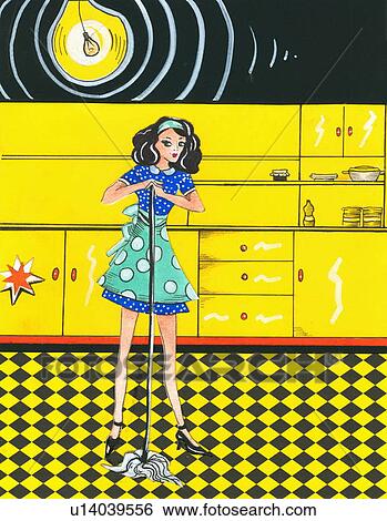 Stock Illustration - Woman mopping kitchen floor. Fotosearch
