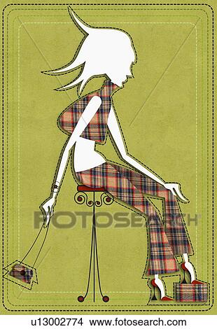 Woman on stool wearing checkered outfit View Large Illustration Stock Illustration - Woman on stool wearing checkered outfit. Fotosearch