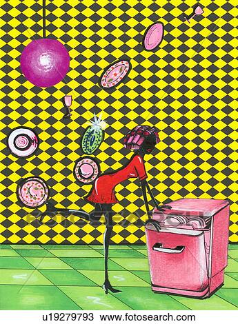Woman with hair rollers opening dishwasher View Large Illustration Drawing - Woman with hair rollers opening dishwasher. Fotosearch