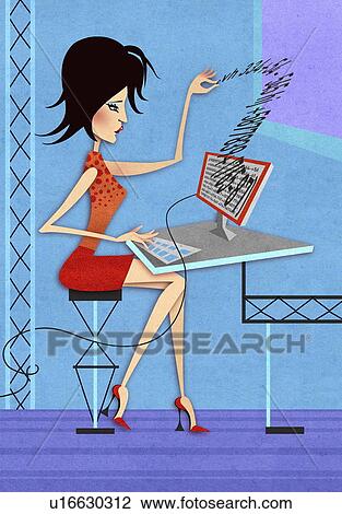 Woman working at computer View Large Illustration Drawing - Woman working at computer. Fotosearch