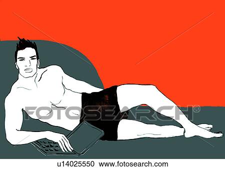 Young man in shorts with laptop View Large Illustration Clipart - Young man in shorts with laptop. Fotosearch