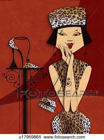 Young woman in leopard pattern outfit looking at high heels View Large Illustration Stock Illustration - Young woman in leopard pattern outfit looking at high heels. Fotosearch