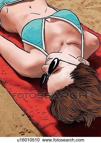 Clipart - Young woman sunbathing. Fotosearch