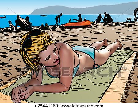 Young woman sunbathing on crowded beach View Large Illustration Clipart - Young woman sunbathing on crowded beach. Fotosearch