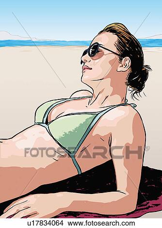Stock Illustration - Young woman sunbathing. Fotosearch