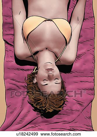 Stock Illustration - Young woman sunbathing. Fotosearch