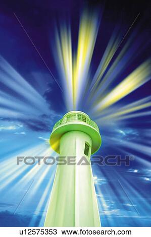 Stock Image - A lighthouse lighting in the night, Japan, low angle view, composition, computer graphics. Fotosearch