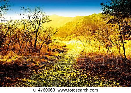 Stock Image - A pathway in autumn, Japan, composition, computer graphics. Fotosearch