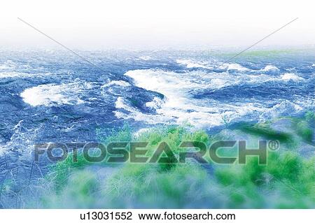 Stock Image - A river and trees, Japan, high angle view, composition, computer graphics. Fotosearch