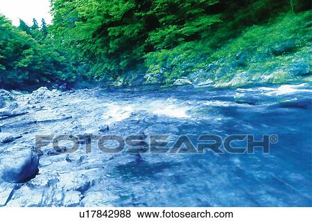 A river running through forest, Japan, high angle view, composition, computer graphics View Large Photo Image Stock Photo - A river running through forest, Japan, high angle view, composition, computer graphics. Fotosearch