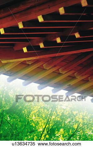 Stock Photography - Japanese roof and green trees, Japan, low angle view, composition, computer graphics. Fotosearch