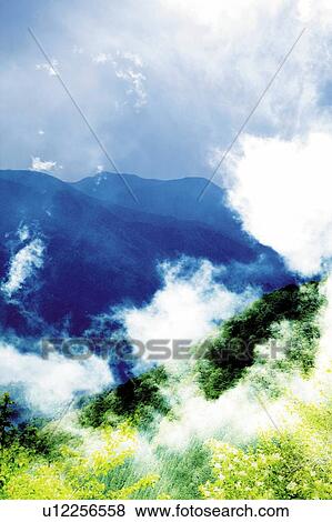 Mountains in fog, Japan, high angle view, composition, computer graphics View Large Photo Image Stock Photo - Mountains in fog, Japan, high angle view, composition, computer graphics. Fotosearch