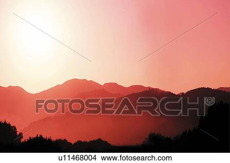 Picture - Mountains in the sunset, Japan, composition, computer graphics, copy space. Fotosearch