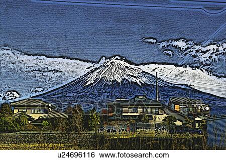Stock Photograph - Mt. Fuji and Japanese houses, Japan, composition, computer graphics. Fotosearch