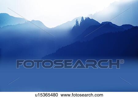 Stock Image - Silhouette of foggy mountains, Japan, composition, computer graphics, soft focus. Fotosearch