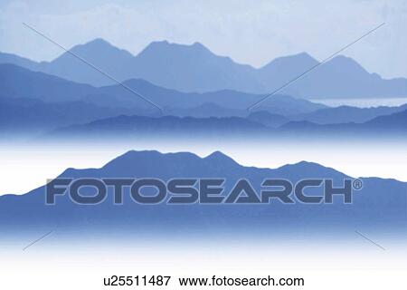 Stock Photo - Silhouette of mountains in clouds, Japan, composition, computer graphics. Fotosearch