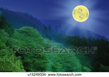 Picture - The moon over the mountains, Japan, composition, computer graphics. Fotosearch