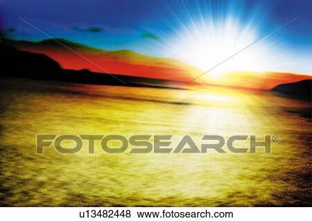 Stock Photo - The ocean in the sunrise, Japan, composition, computer graphics, lens flare, defocused. Fotosearch