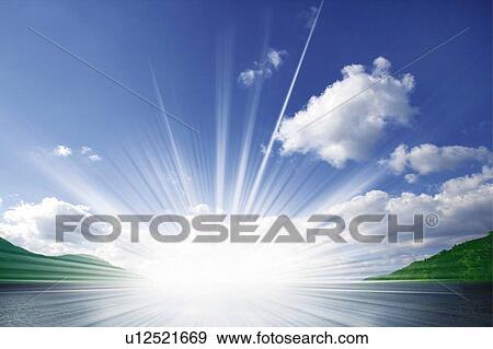 Stock Photo - The shining sky over the lake, Japan, low angle view, composition, computer graphics. Fotosearch