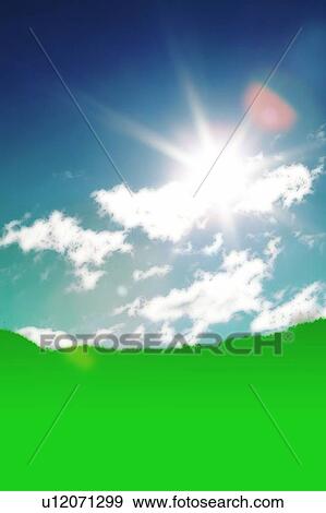 Stock Photo - The sun in the blue sky, Japan, low angle view, composition, computer graphics, lens flare, copy space. Fotosearch