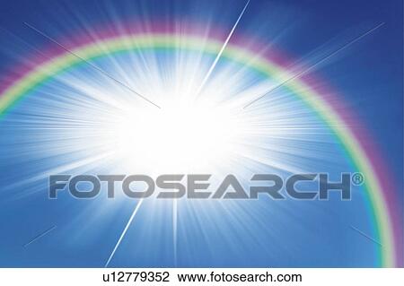 Stock Image - The sunshine and the rainbow, Japan, low angle view, composition, computer graphics, lens flare. Fotosearch