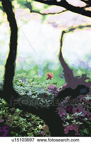 Stock Photo - Trees and flowers, Japan, composition, computer graphics, defocused. Fotosearch