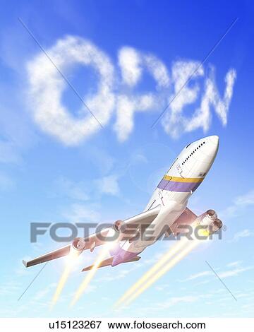 Stock Photo - Airplane and clouds spelling "OPEN" in the sky. Fotosearch