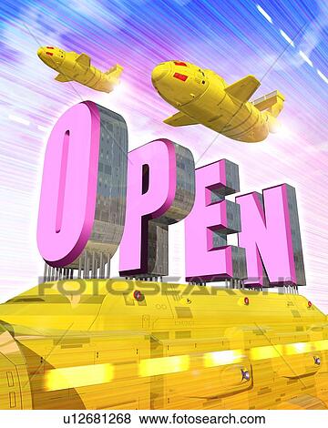 Airships flying above word of "OPEN" View Large Photo Image Stock Photo - Airships flying above word of "OPEN". Fotosearch