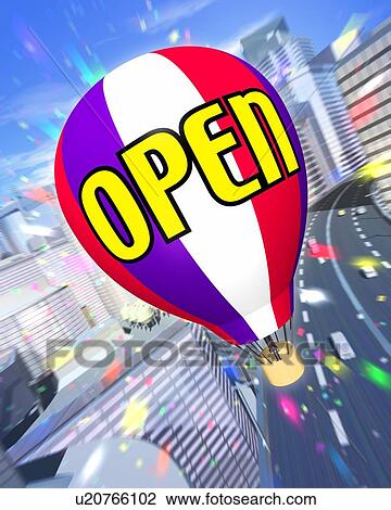 Balloon with word "OPEN" flying in city View Large Photo Image Stock Image - Balloon with word "OPEN" flying in city. Fotosearch