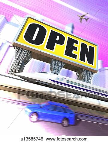 Billboard printed "OPEN" and vehicles in city View Large Photo Image Stock Photograph - Billboard printed "OPEN" and vehicles in city. Fotosearch