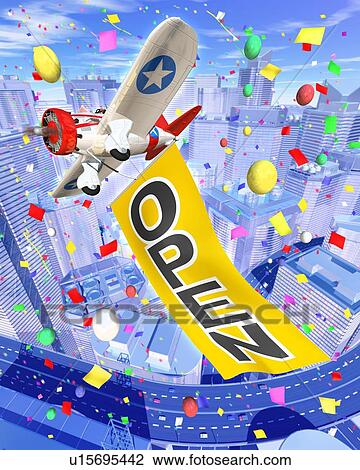 Stock Image - Cessna flying with banner printed "OPEN". Fotosearch