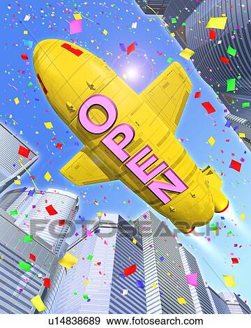 Dirigible balloon for advertising flying in the sky, painted "OPEN" on basement View Large Photo Image Stock Photo - Dirigible balloon for advertising flying in the sky, painted "OPEN" on basement. Fotosearch