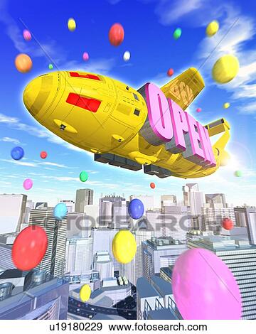 Stock Photo - Dirigible balloon for advertising flying in the sky. Fotosearch