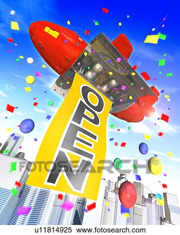 Stock Photography - Dirigible balloon for advertising hanging flag printed "OPEN". Fotosearch