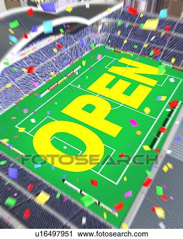 Stock Image - Field of football stadium painted word "OPEN". Fotosearch