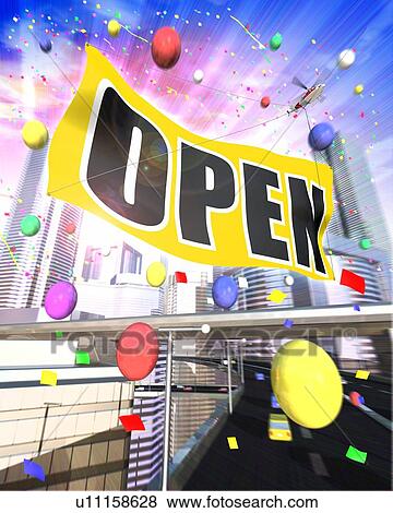 Flag printed "OPEN" and balloons floating in business area View Large Photo Image Stock Photo - Flag printed "OPEN" and balloons floating in business area. Fotosearch