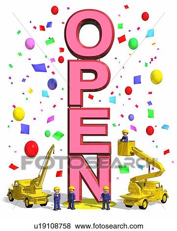 Four men and two forklift trucks around word "OPEN" standing high View Large Photo Image Stock Photo - Four men and two forklift trucks around word "OPEN" standing high. Fotosearch