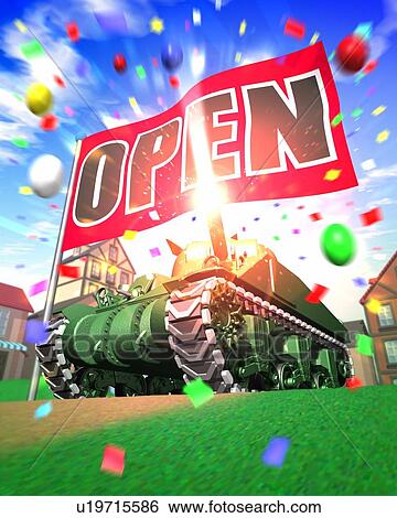 Stock Photograph - Labarum printed "OPEN" and tank shooting to the sky in town. Fotosearch