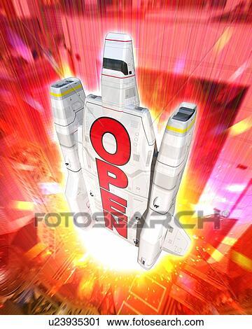 Launching of spaceship printed "OPEN" View Large Photo Image Stock Image - Launching of spaceship printed "OPEN". Fotosearch