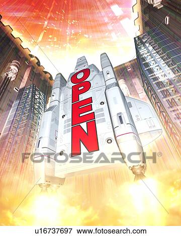Stock Photo - Launching of spaceship printed "OPEN". Fotosearch