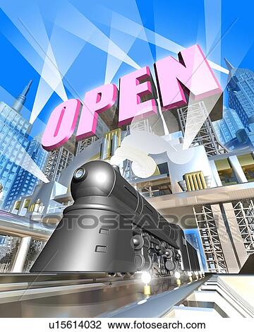 Locomotive engine and board spelling "OPEN" in city View Large Photo Image Stock Image - Locomotive engine and board spelling "OPEN" in city. Fotosearch
