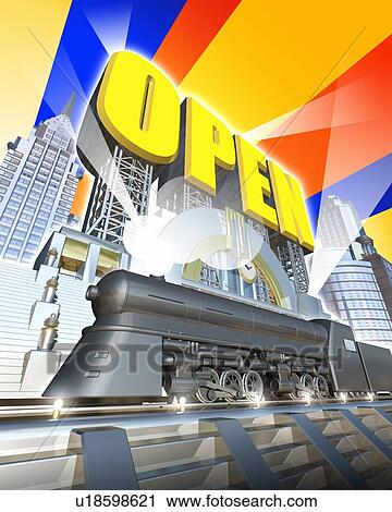 Locomotive engine and board spelling "OPEN" in city View Large Photo Image Stock Image - Locomotive engine and board spelling "OPEN" in city. Fotosearch